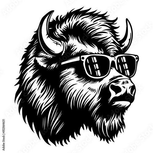 Cool Bison wearing sunglass black silhouette logo svg vector, buffalo icon illustration.