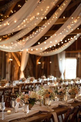 Rustic barn wedding reception, tables adorned with twinkling fairy lights, wildflower centerpieces, and vintage tableware under a canopy of draped fabric, panoramic shot