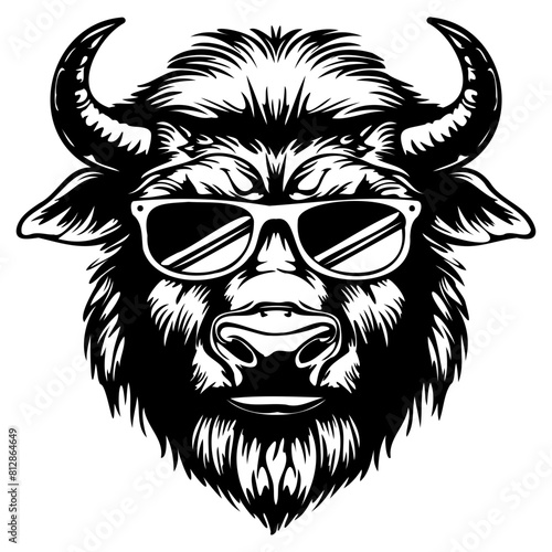 Cool Bison wearing sunglass black silhouette logo svg vector, buffalo icon illustration.