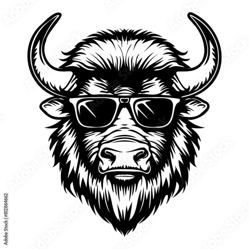 Cool Bison wearing sunglass black silhouette logo svg vector, buffalo icon illustration.