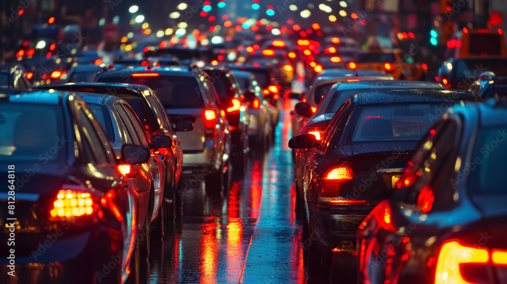 Illuminated scene of congested city traffic at night, with vibrant taillights reflecting on wet, slick streets. Illuminated scene of congested city traffic at night, with vibrant taillights reflecting on wet, slick streets.