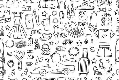 Seamless pattern of Fashion set. Trendy set, doll aesthetic accessories, fashion clothing. Caddy cabriolet for girl. Suitcase, headphones, perfume, sunglasses, handbag, mirror. Hand drawn. Doodles