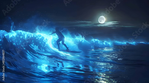 Photo realistic as Moonlit Bioluminescent Surfing concept as Surfers catch waves under a moonlit sky with each wave casting a surreal glow from bioluminescent organisms.
