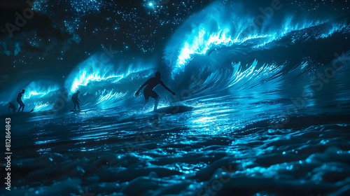 Moonlit Bioluminescent Surfing   Surfers Catching Waves Under a Surreal Sky with Glowing Organisms   Photo Realistic Concept © Gohgah
