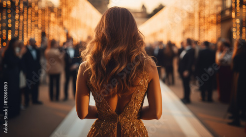 Young beautiful blondie girl stylish woman walking in red dress during a international event. Generative ai photo