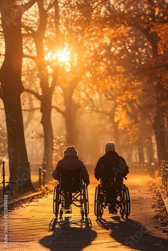 Two people in wheelchairs sharing a stroll through a park under the golden sunset, reflecting a sense of friendship and accessibility