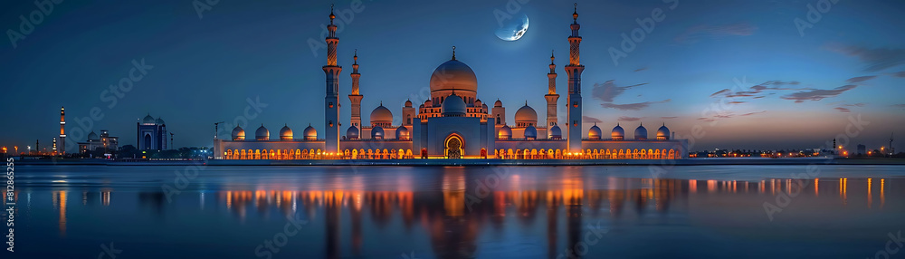 majestic mosque in moonlight reflected in calm blue waters under a clear blue sky