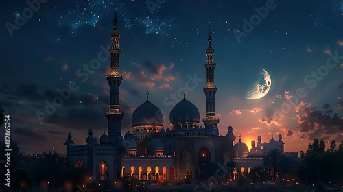 majestic mosque in moonlight amidst serene blue sky and lush greenery