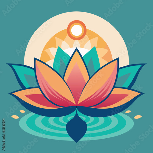 Lotus flower resting peacefully on still water surface, A calming image of a lotus flower symbolizing balance and peace