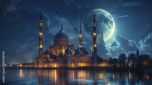 majestic mosque in moonlight amidst serene blue sky and calm waters