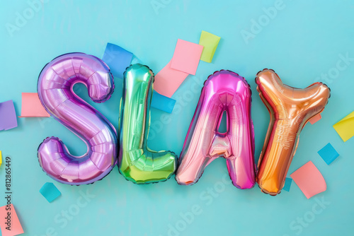 colorful  slay  balloon letters with party confetti on teal background for modern party decor