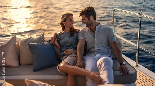 Romantic vacation and luxury travel Young loving couple sitting on the sofa on the modern yacht deck Sailing the sea : Generative AI © Generative AI