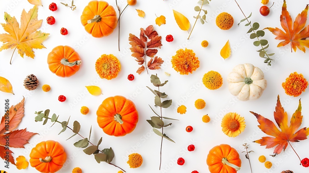 Autumn composition Dried leaves pumpkins flowers rowan berries on white background Autumn fall halloween thanksgiving day concept Flat lay top view copy space : Generative AI Autumn composition Dried leaves pumpkins flowers rowan berries on white background Autumn fall halloween thanksgiving day concept Flat lay top view copy space : Generative AI