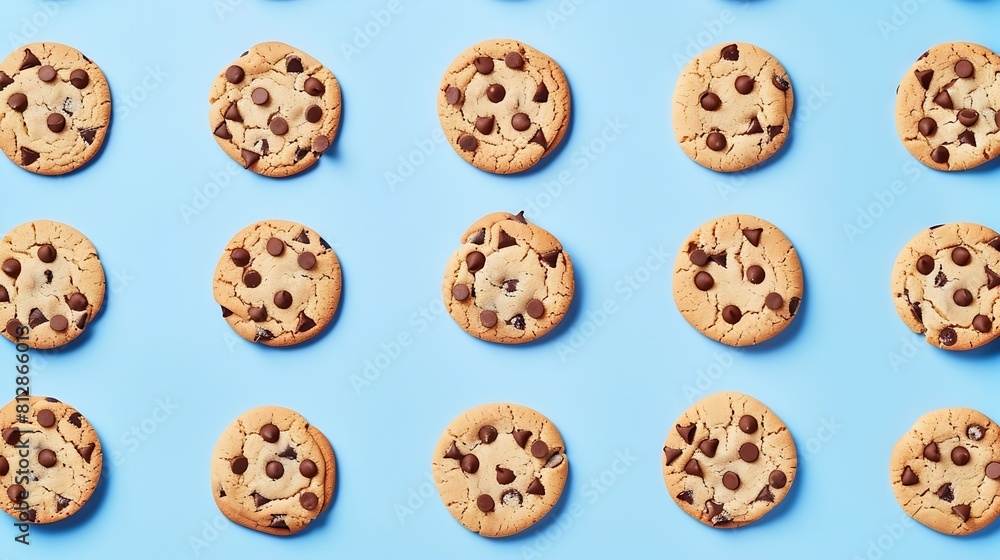 Creative pattern made with chocolate chip cookies on pastel blue background Happy sweet optimistic life idea Fun food or dessert concept Spring or summer layout : Generative AI