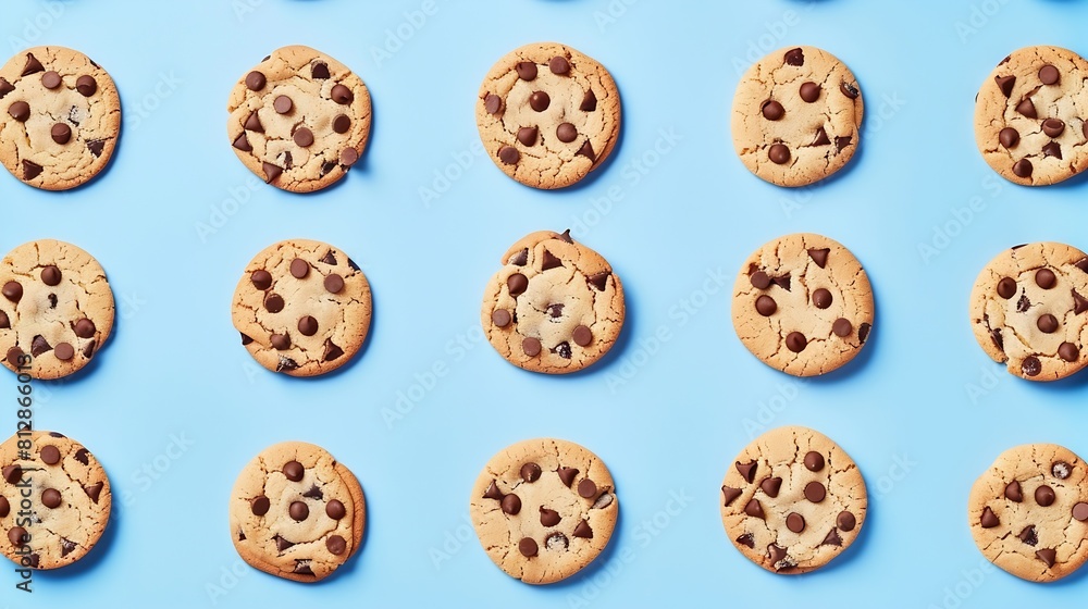Creative pattern made with chocolate chip cookies on pastel blue background Happy sweet optimistic life idea Fun food or dessert concept Spring or summer layout : Generative AI Creative pattern made with chocolate chip cookies on pastel blue background Happy sweet optimistic life idea Fun food or dessert concept Spring or summer layout : Generative AI