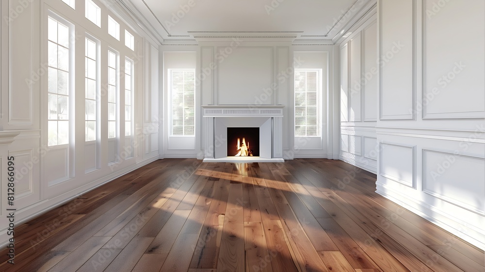 An empty living room with hardwood flooring and white walls on either side of the room there is a fire place in the : Generative AI