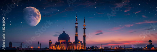majestic mosque in the moon's embrace against a clear blue sky photo