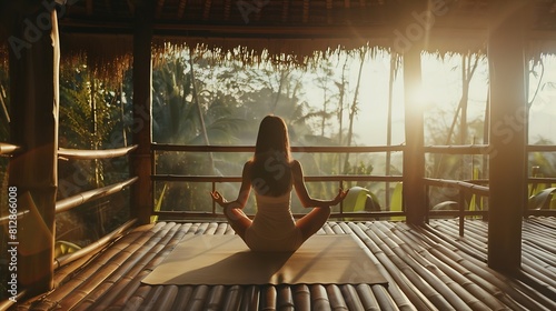 Young girl doing yoga outdoor Young woman practicing yoga in bamboo house nature on backgroundFemale happinessCaucasian woman practicing yoga on vacation on Bali island : Generative AI photo