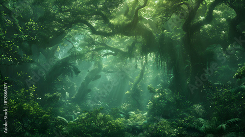 Explore the Enigmatic Rainforest Canopy in an Old Growth Forest: A Photorealistic Photo Stock Concept Capturing the Life and Mystery Within
