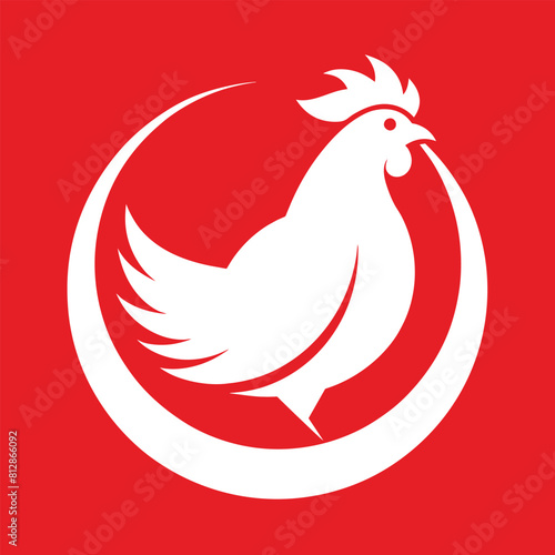 A white rooster standing on a vibrant red background, A clean and simple logo featuring a chicken silhouette, minimalist logo