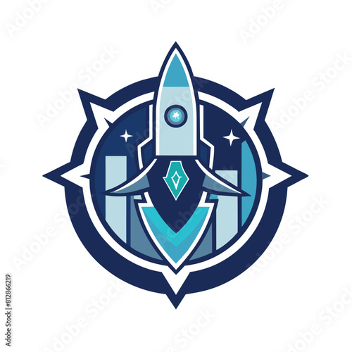 Sleek and modern logo featuring a blue and white rocket ship design, A clean and sophisticated logo for a pioneering tech startup