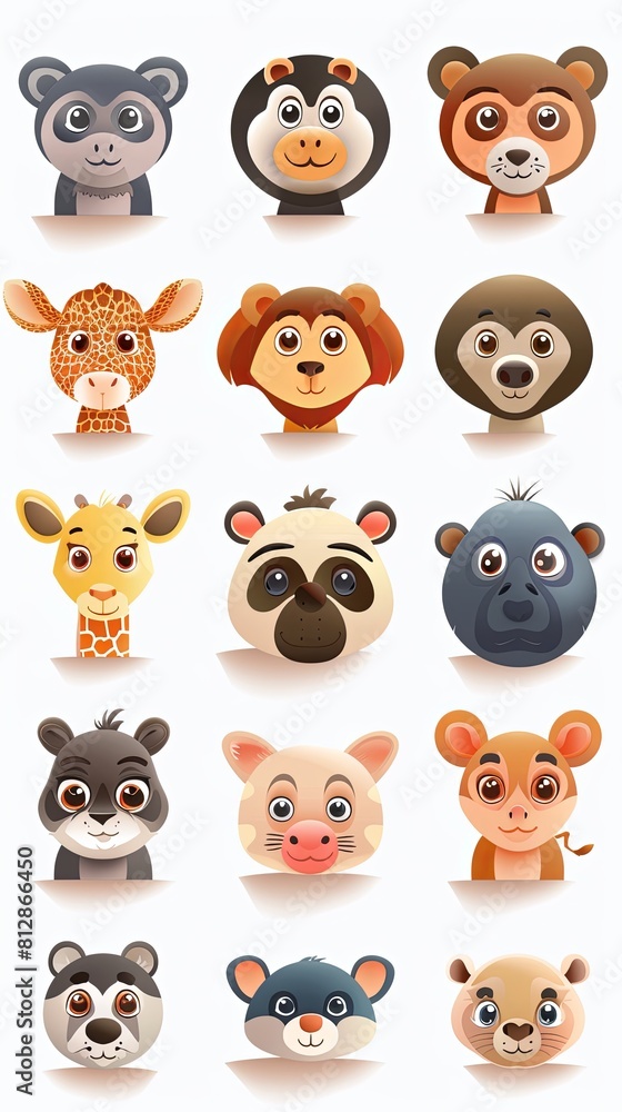 Collection of cute cartoon animal faces for children or babies. White background. Collection of cute cartoon animal faces for children or babies. White background.