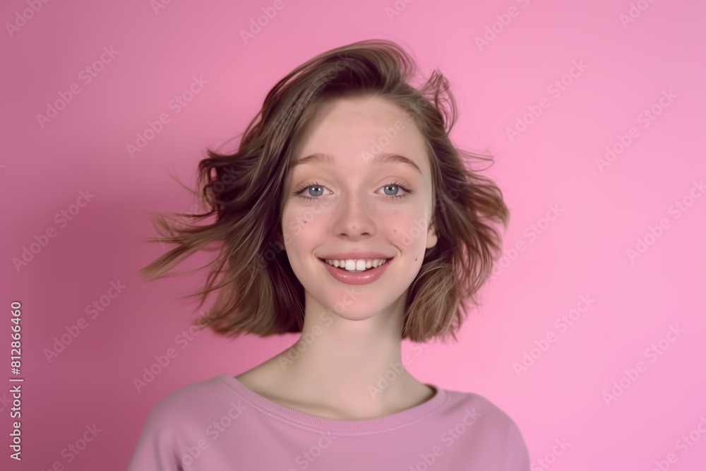 Happy Young Woman in Pink Top. Generative AI. Happy Young Woman in Pink Top. Generative AI.