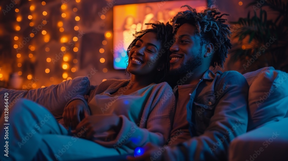 A couple snuggled up on a couch, enjoying a movie together A couple snuggled up on a couch, enjoying a movie together