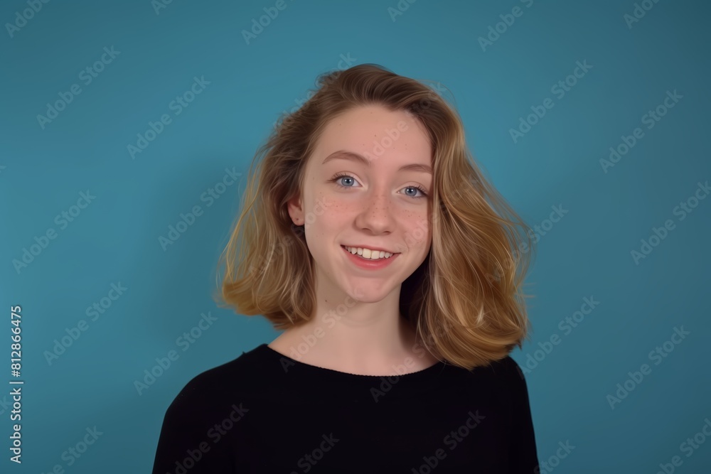 Cheerful Teen Girl in Black Sweater. Generative AI. Cheerful Teen Girl in Black Sweater. Generative AI.