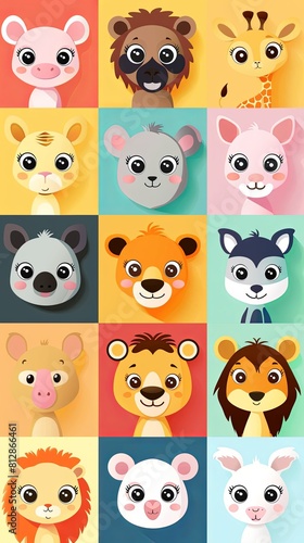 Collection of cute colorful cartoon animal faces for children or babies.