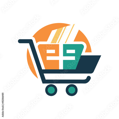 A shopping cart carrying a stack of books, A contemporary logo for an e-commerce platform, minimalist logo