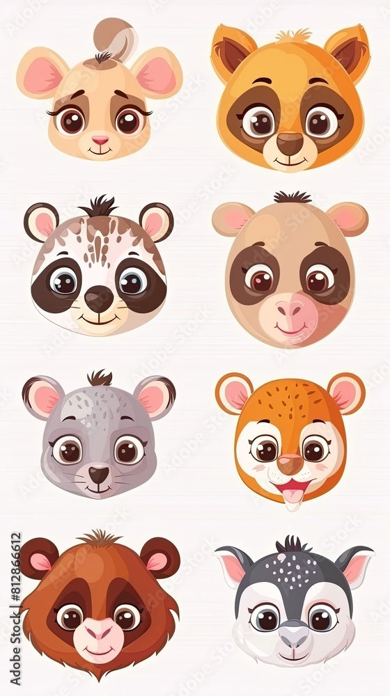 Fototapeta premium Collection of cute cartoon animal faces for children or babies. White background.