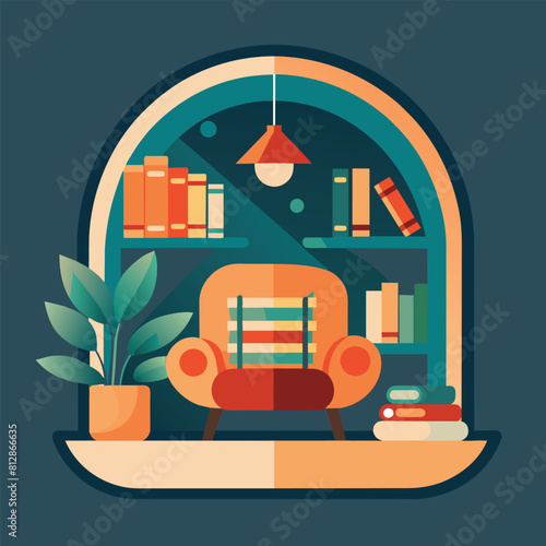 A chair sits next to a bookshelf in a cozy living room with a minimalist aesthetic, A cozy reading nook with a minimalist aesthetic, minimalist logo