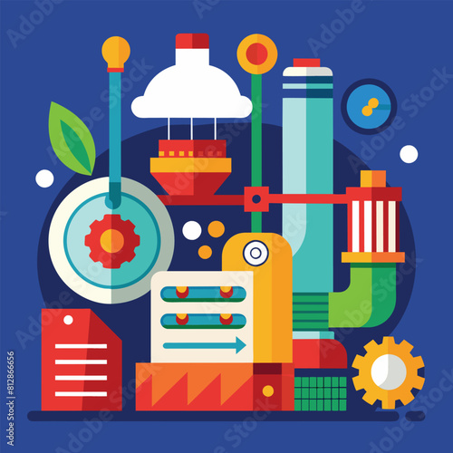 A collection of various items arranged on a blue background, showcasing diversity and abundance, A design that captures the essence of manufacturing through minimalism