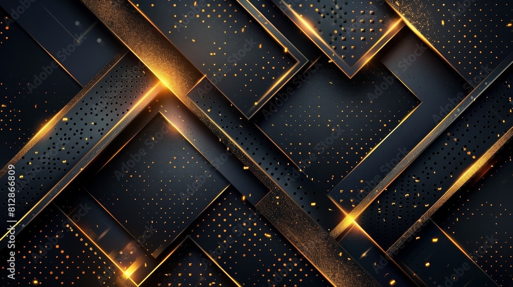 3D rendering of glowing golden and black geometric shapes. Futuristic technology or luxury background. 3D rendering of glowing golden and black geometric shapes. Futuristic technology or luxury background.