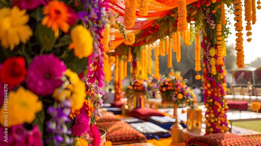 Exquisite Mehndi decorations adorned with an abundance of colorful flowers, creating a vibrant and joyful setting for the festivities