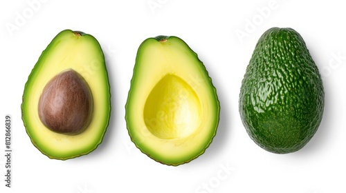 Pure Perfection: Captivating Avocado Fruits with Lush Green Leaves, Isolated on a Pristine White Bac