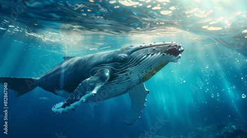 Humpback whale is swimming through camera. Close up shot of A Big Humpback whale is swimming beneath the surface of the water with sunlight rays. Scene with fish concept. 3D Render. hyper realistic 