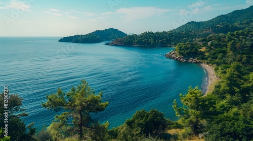 Stunning Coastal Landscape with Turquoise Sea and Lush Forest Backdrop