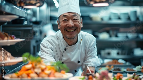 A Chef s Delighted Grin Reflects Culinary Mastery and Invites Patrons to Savor Exquisite Flavors