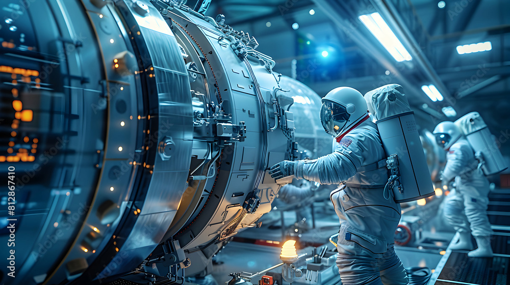 Photo Realistic Illustration of Technicians and Engineers Performing Diagnostics and Maintenance on Spacecraft Systems for Mission Readiness Photo Realistic Illustration of Technicians and Engineers Performing Diagnostics and Maintenance on Spacecraft Systems for Mission Readiness