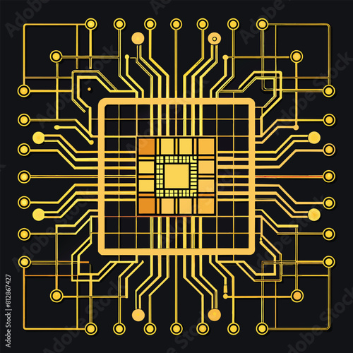 Close-up of a computer circuit board featuring a prominent yellow square in the center, A grid-like pattern reminiscent of a circuit diagram or computer chip