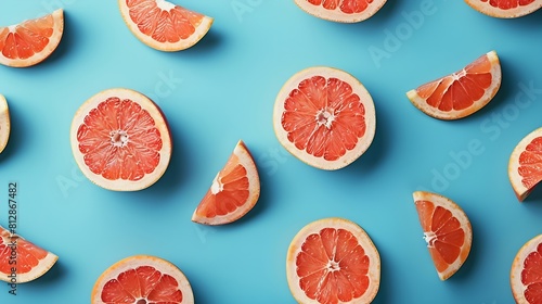 Colorful fruit pattern of fresh grapefruit slices on blue background From top view : Generative AI