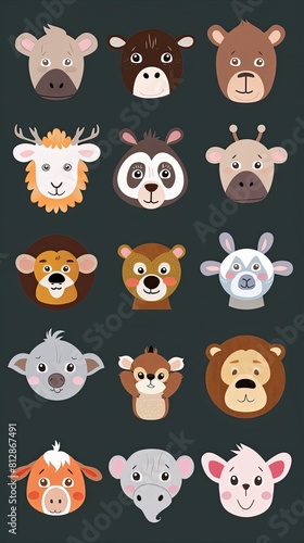 Collection of cute cartoon animal faces for children or babies. Dark background.