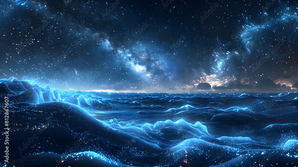 Enchanting Bioluminescent Night: Celestial Connection in a Starry Dreamland   Photo Realistic Image of Glowing Waves and Starlit Skies Concept
