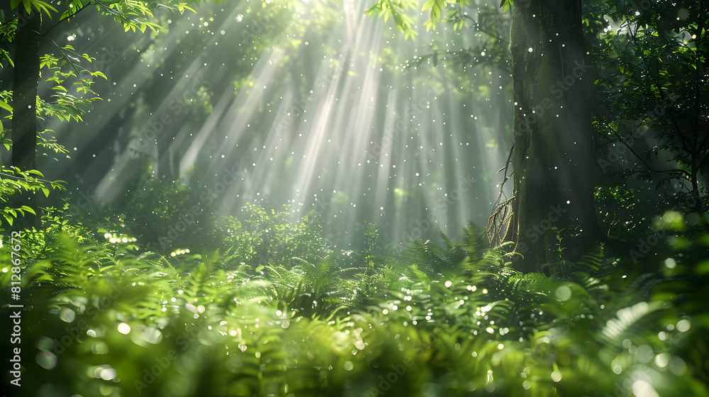 Enchanting Sunbeams: Light and Shadow in Old Growth Forest   Photo Realistic Visualization of Sunrays Piercing Dense Woodland, Captivating Play of Light and Shadow   Adobe Stock Co