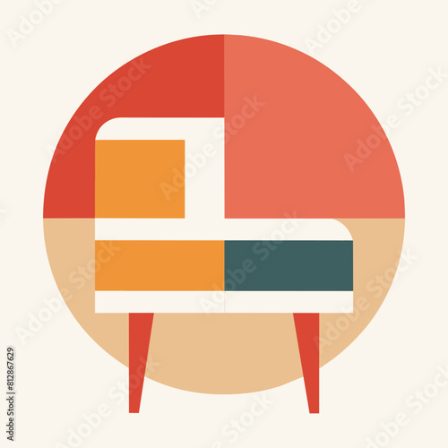 A chair is positioned in the center of a table, A logo featuring a minimalist, abstract representation of a piece of furniture