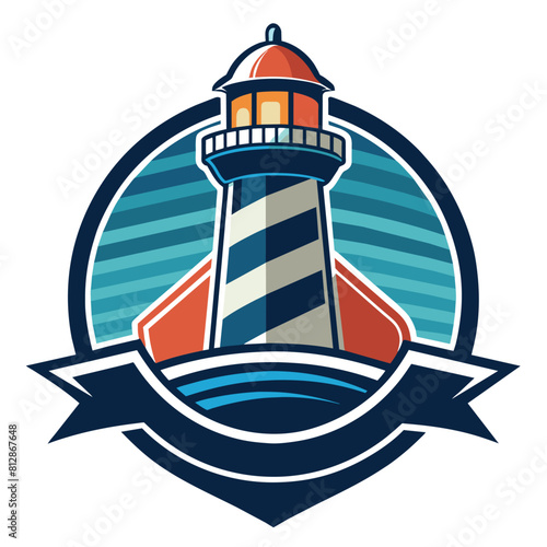 A lighthouse adorned with a ribbon encircling its structure, A logo featuring a stylized interpretation of a lighthouse