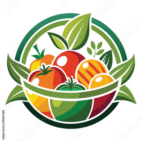 A bowl overflowing with an assortment of vibrant and fresh fruits, A logo for a local food pantry that features a stylized fruit basket