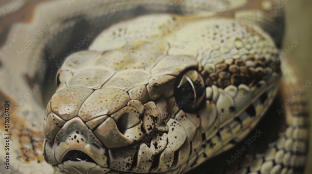 Fototapeta premium A close up of a snake's head, with its scales and eyes clearly visible.
